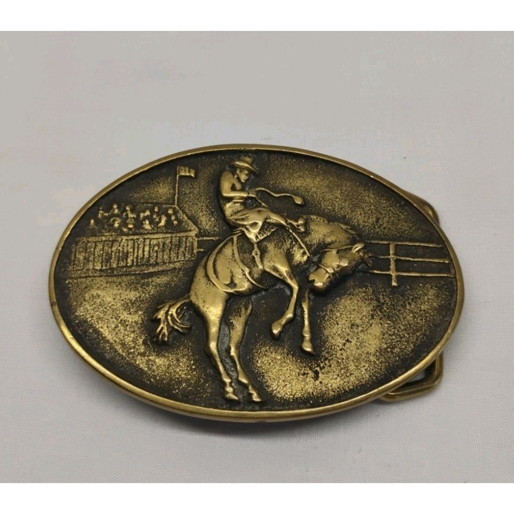 Vintage BTS 70s Bronc Riding Horse Rodeo Brass Belt Buckle Western